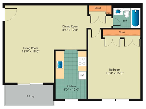 Floor plan for 1 bed, 1 bath, 790 sqft